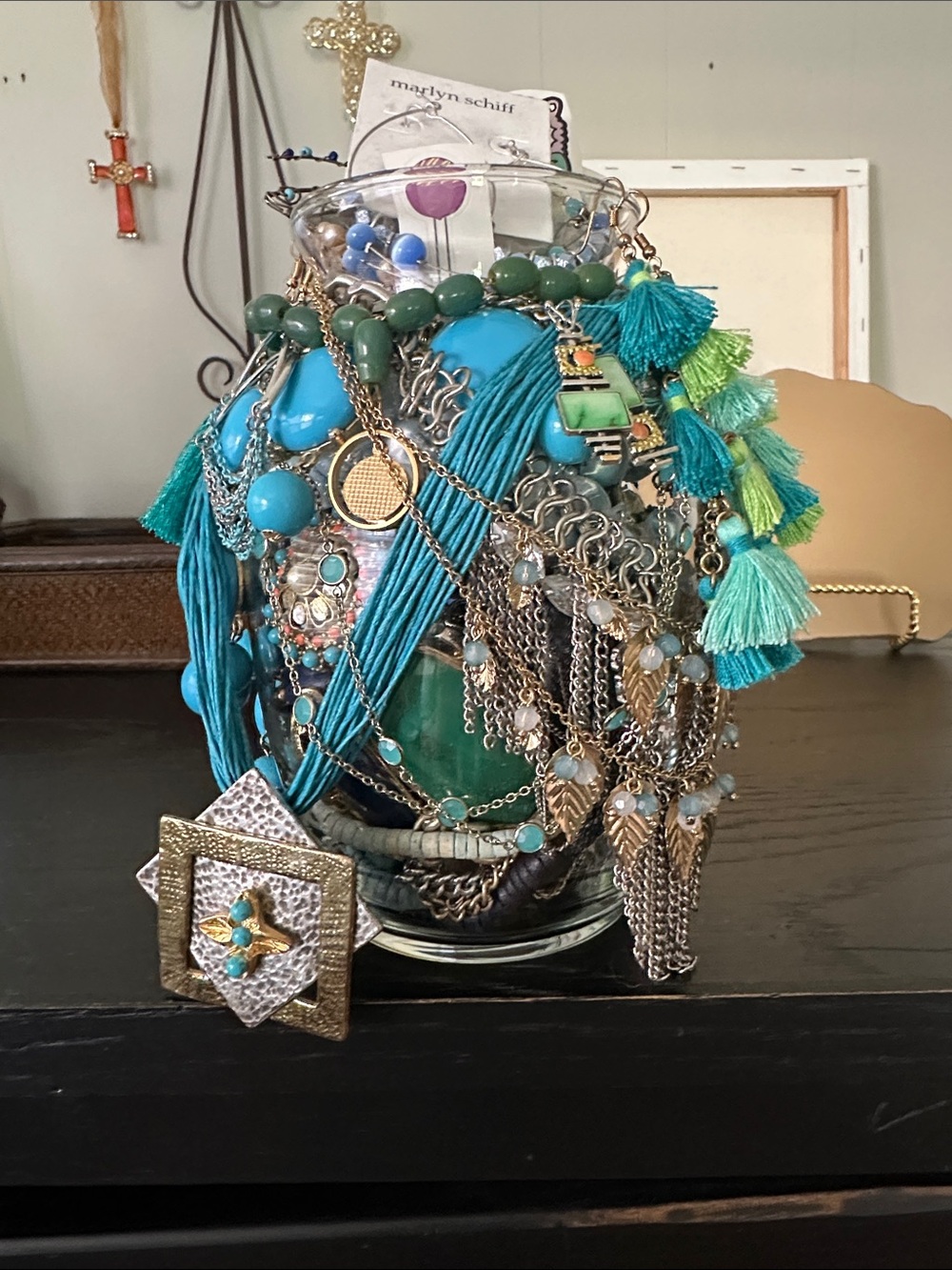 Vibrant Teal Tassel Mystery Jewelry Jar In Beautiful Shades Of Blues And Green.